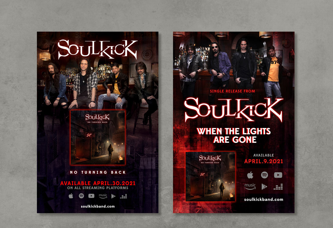 Diseño de flyers para lanzamiento de single y disco de Soulkick.