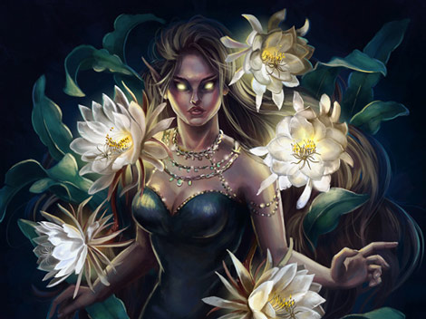 Ilustración mujer con flores Damas de una Noche.