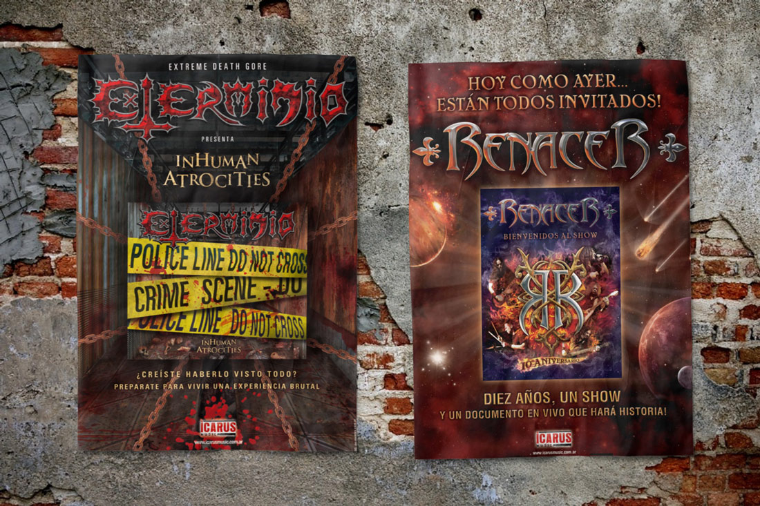 Diseño de afiche promocionando lanzamiento de discos de Exterminio y Renacer.